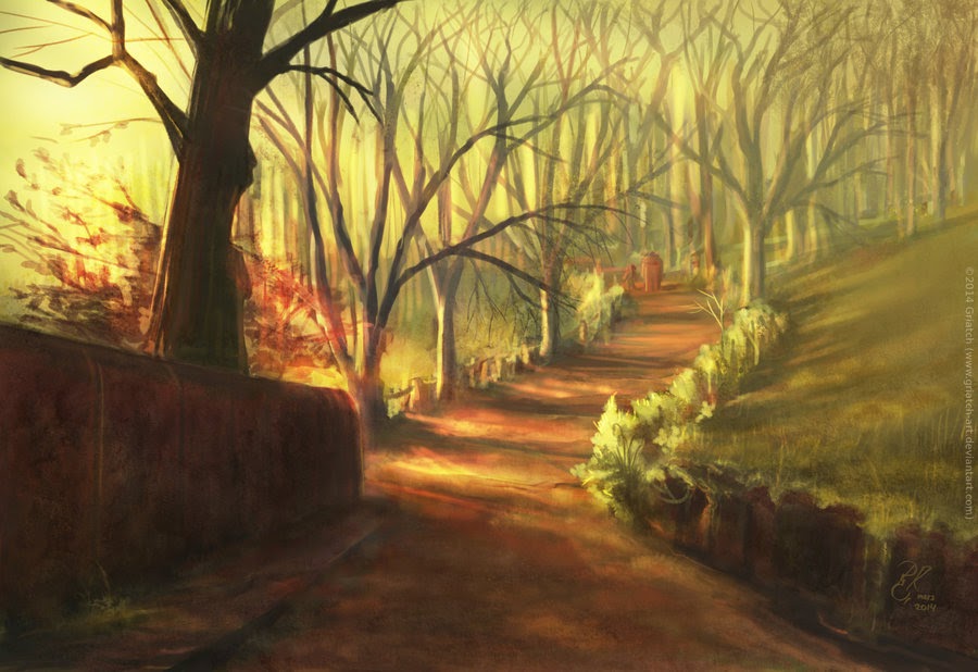 painted image of the beginning of a road in autumn